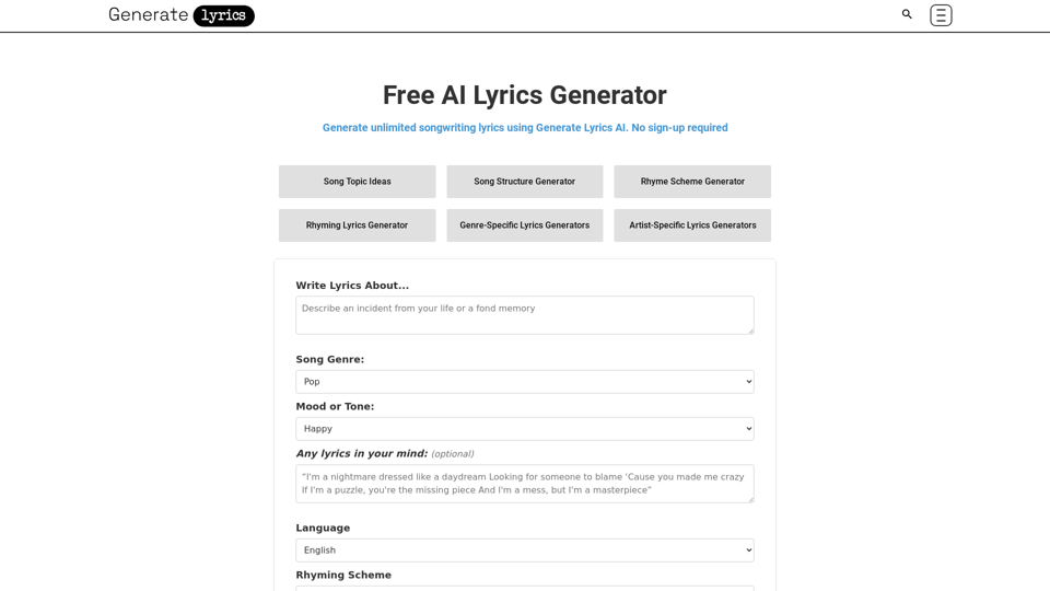 Free AI Lyrics Generator [Unlimited, No Sign-Up] - Generate Lyrics