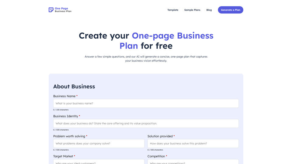 AI One Page Business Plan Generator | Ready in 10 Minutes