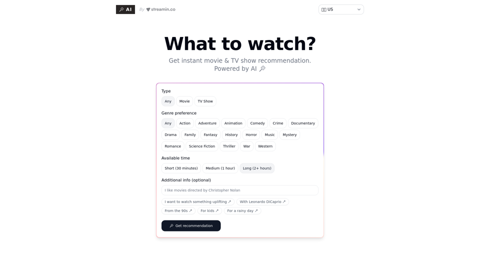 AI by Streamin - What to Watch? AI movie & TV show recommendation