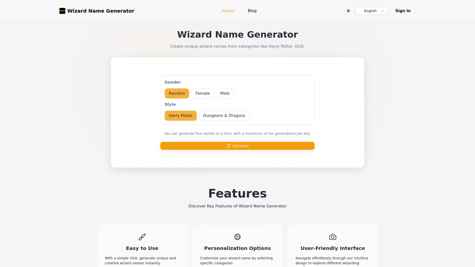 Wizard Name Generator - Create unique wizard names from categories like Harry Potter, DnD.