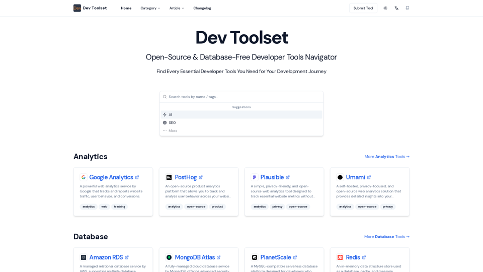 DevToolset: Open-Source Database-free Developer Tools Navigator