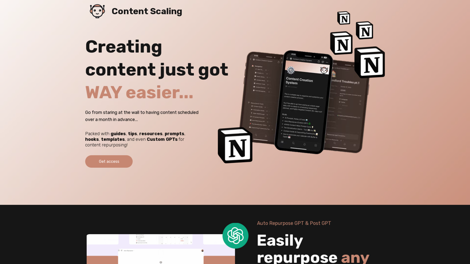 Notion Content Creation System & Custom GPT for Repurposing | Content Guide, Automation Guide, Prompts, Hooks, Templates & More | Content Scaling