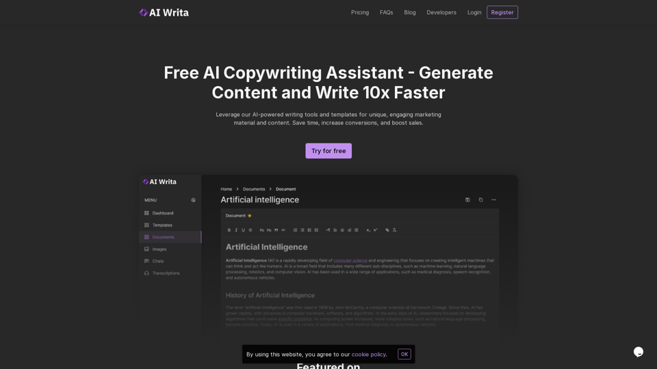 AI Writa - Free AI Copywriting Assistant | Generate Content and Write 10x Faster