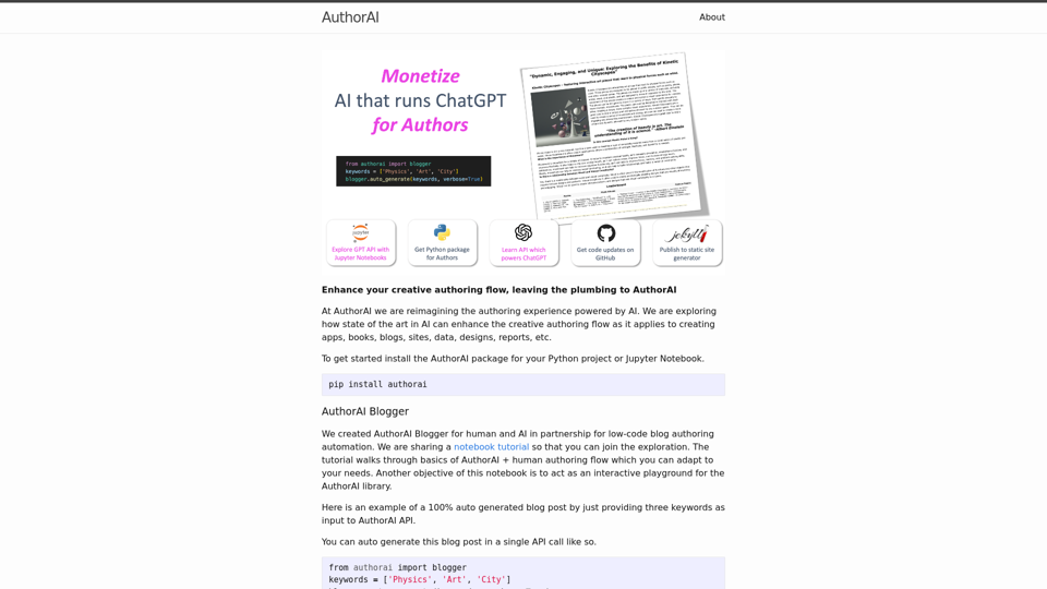 AuthorAI | At AuthorAI we are reimagining the creative authoring flow powered by AI. We are exploring how state of the art in AI can enhance the authoring flow as it applies to creating apps, books, blogs, sites, data, designs, reports, and more.