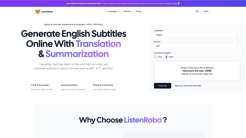 Transcribe Audio & Video to Text or Subtitles | ListenRobo