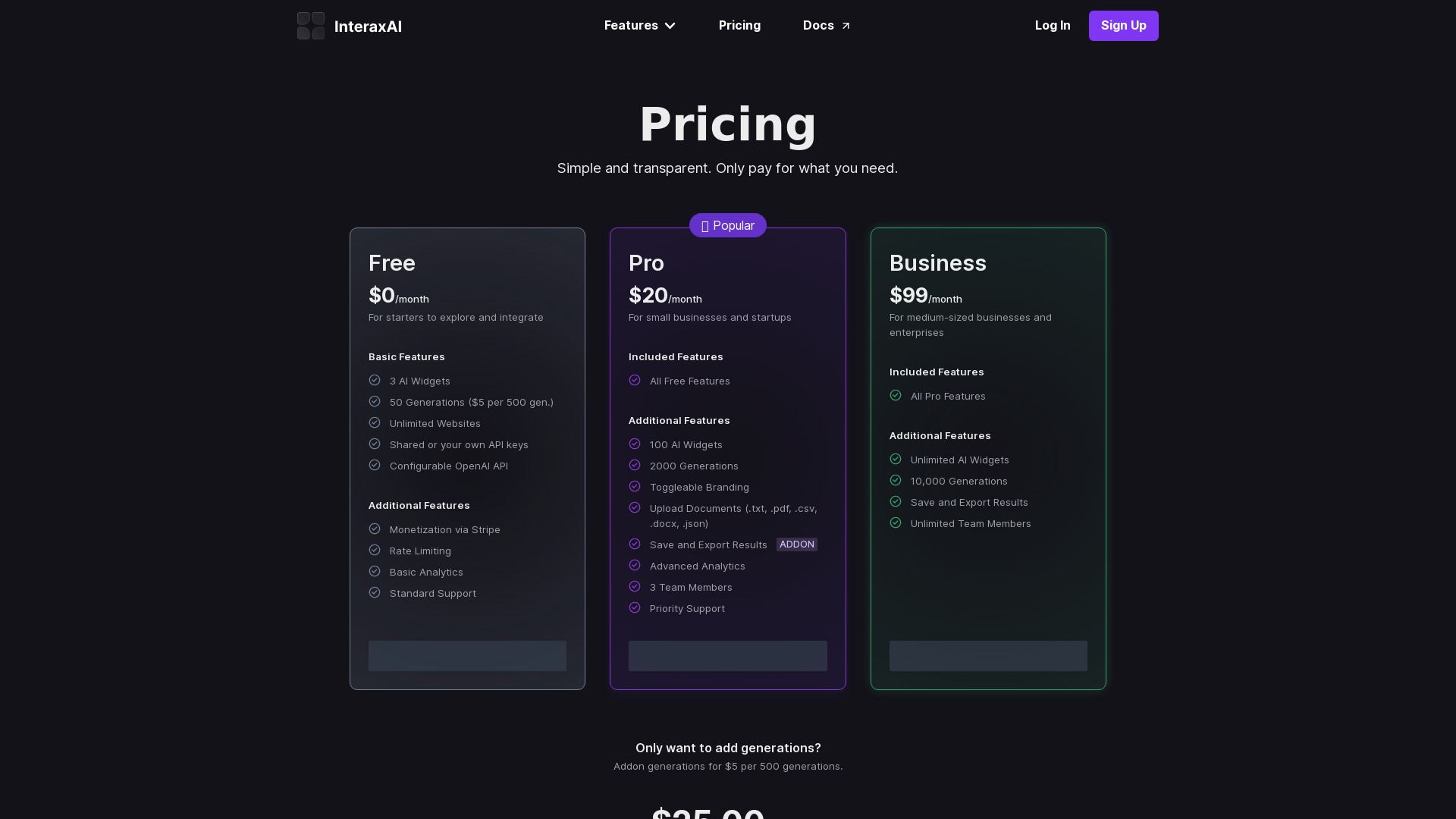 Pricing screenshot