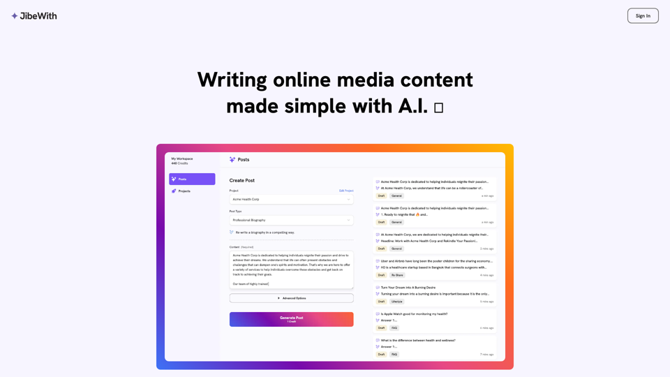 Writing online media content made simple with A.I. 🤩 - jibewith.com