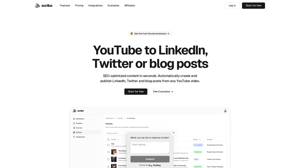 Scribe - YouTube to LinkedIn, Twitter or blog posts