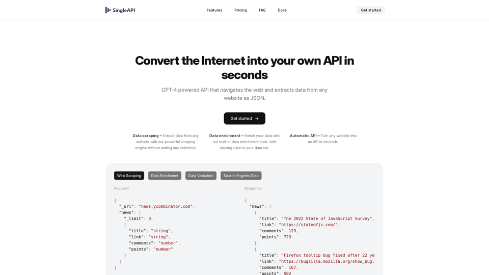 SingleAPI - Convert any website to an API in seconds.