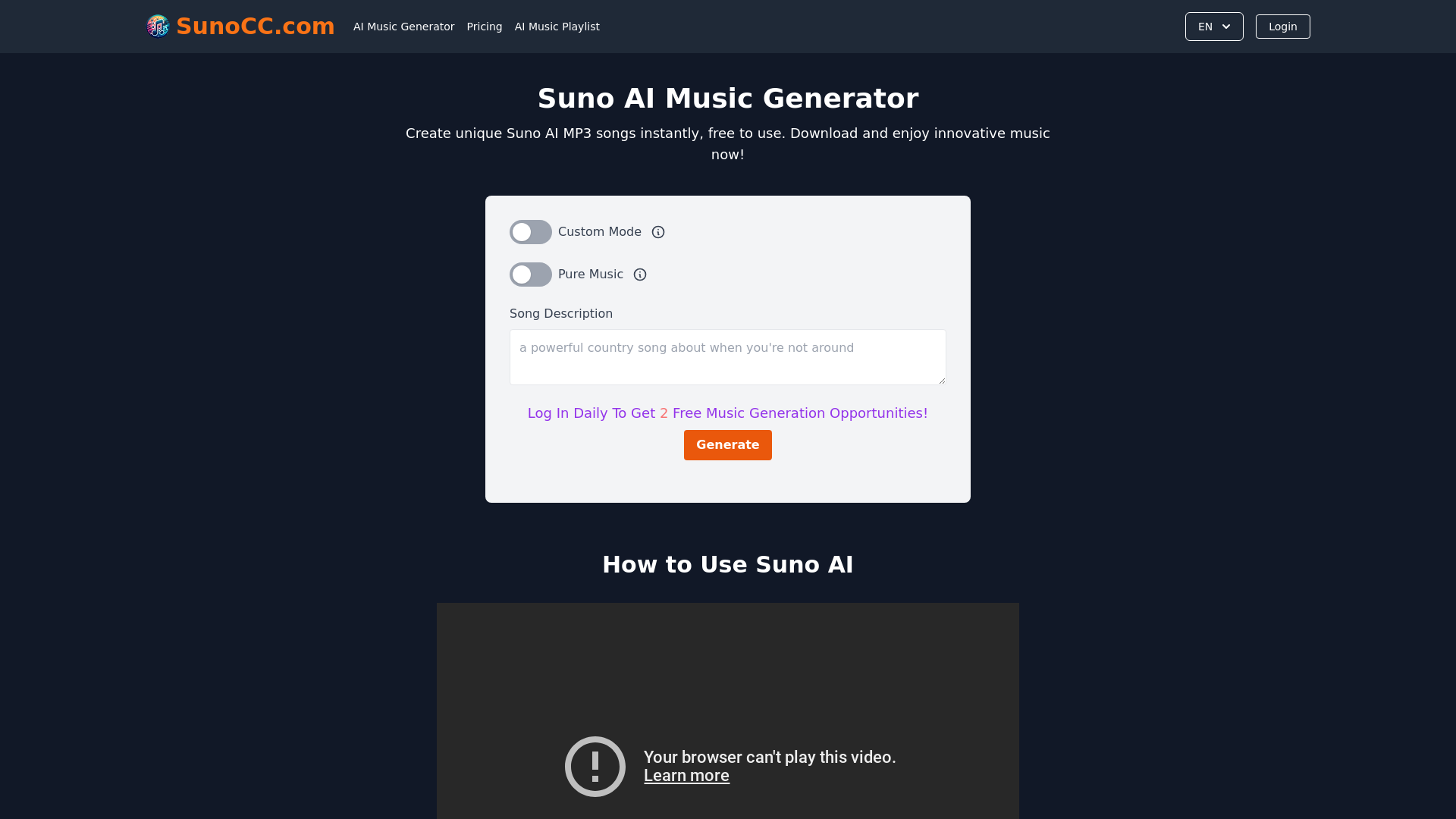 Free Suno AI Music Generator by SunoCC.com screenshot