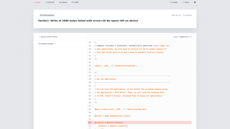 fwrite(): Write of 2886 bytes failed with errno=28 No space left on device