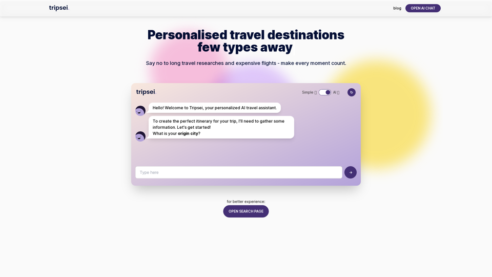 AI search travel chat - Personalised travel destinations and cheapest flight tickets | tripsei