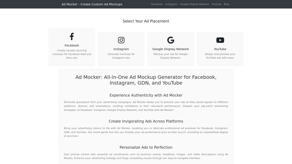 Ad Mocker - Ad Mockup Generator | Create Custom Previews for Facebook, Instagram, Google Display Network, and YouTube