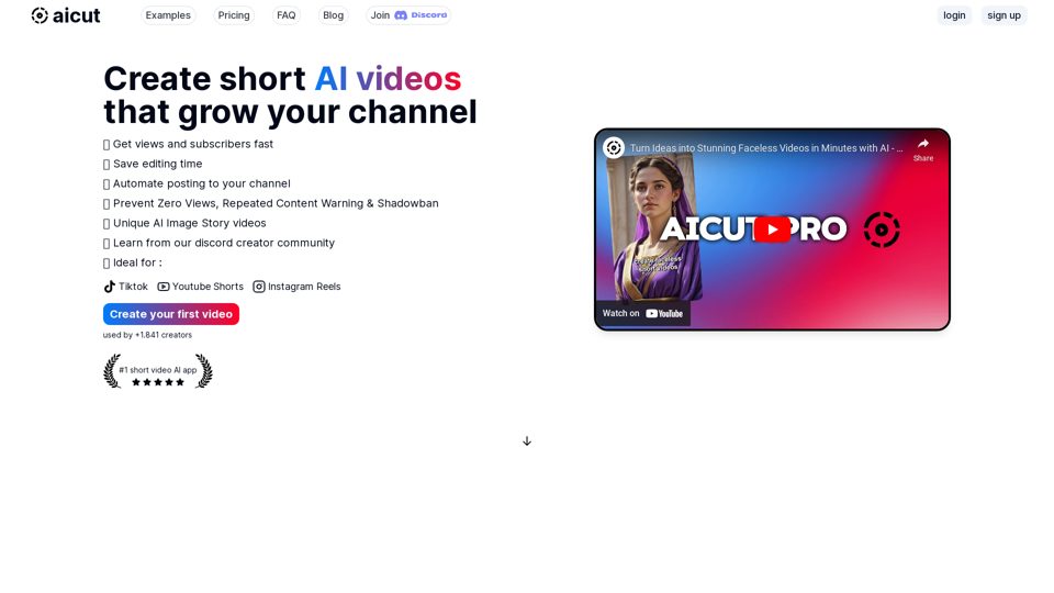 aicut - generate viral faceless short videos for your channel using AI.