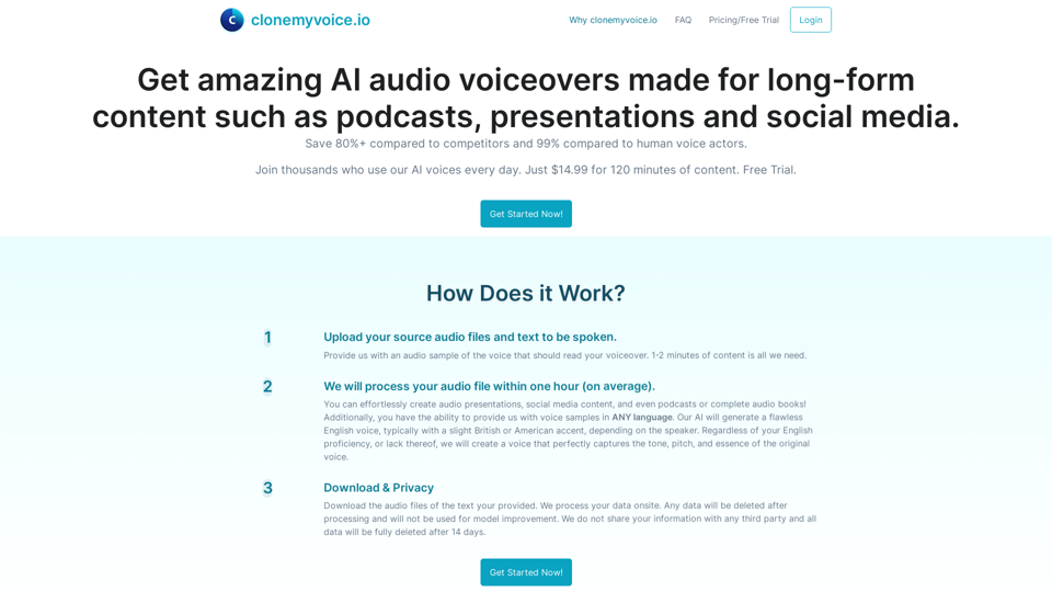 Get amazing AI audio voiceovers made for long-form content such as podcasts, presentations and social media. | clonemyvoice.io