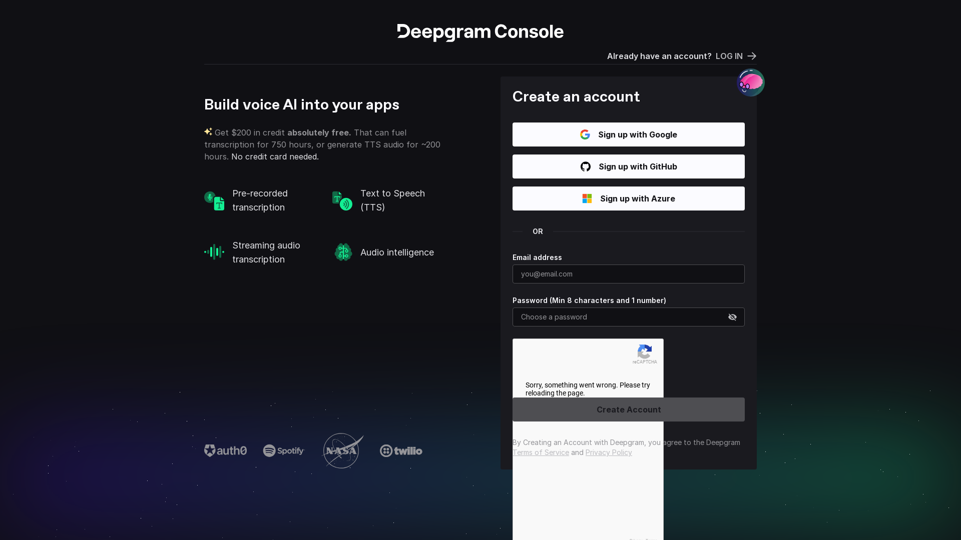 Create an account screenshot