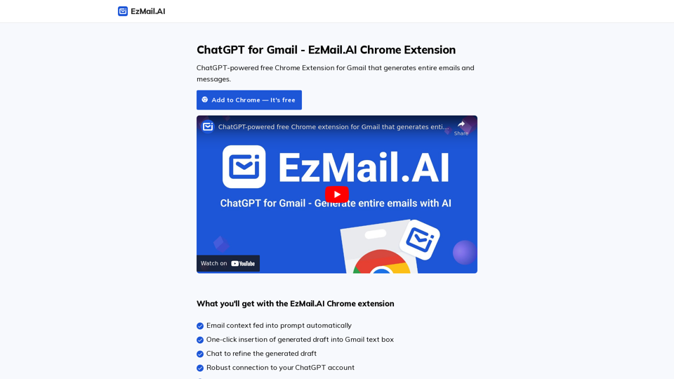 ChatGPT for Gmail Free Chrome Extension | EzMail.AI