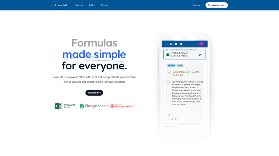 FormulAI is a powerful, fast and beautiful AI formula assistant for Microsoft Excel and Google Sheets.