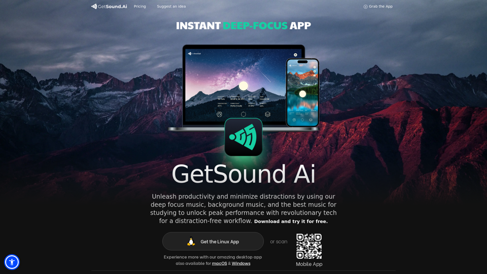 GetSound.ai - Deep Focus Using Real-Time Soundscapes, Minimize Distractions, Unleash Productivity