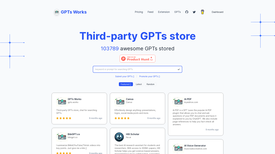 Featured GPTs in Third-party GPT store | GPTs Works