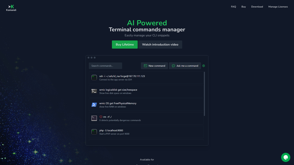 Komandi - AI Powered CLI/Terminal commands manager - Snippets