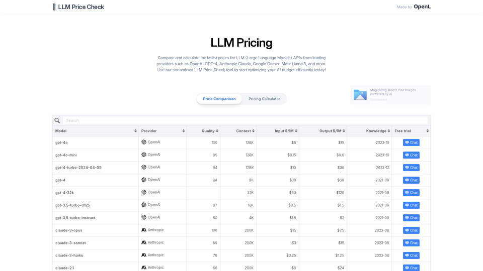 Compare LLM API Pricing Instantly - Get the Best Deals at LLM Price Check