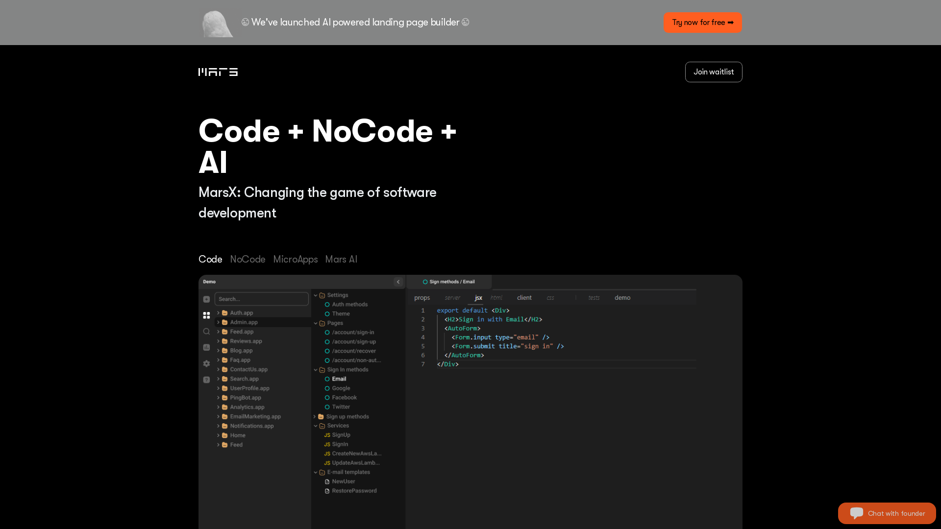 MarsX is a dev tool that unites AI, NoCode, Code and MicroApps ...
