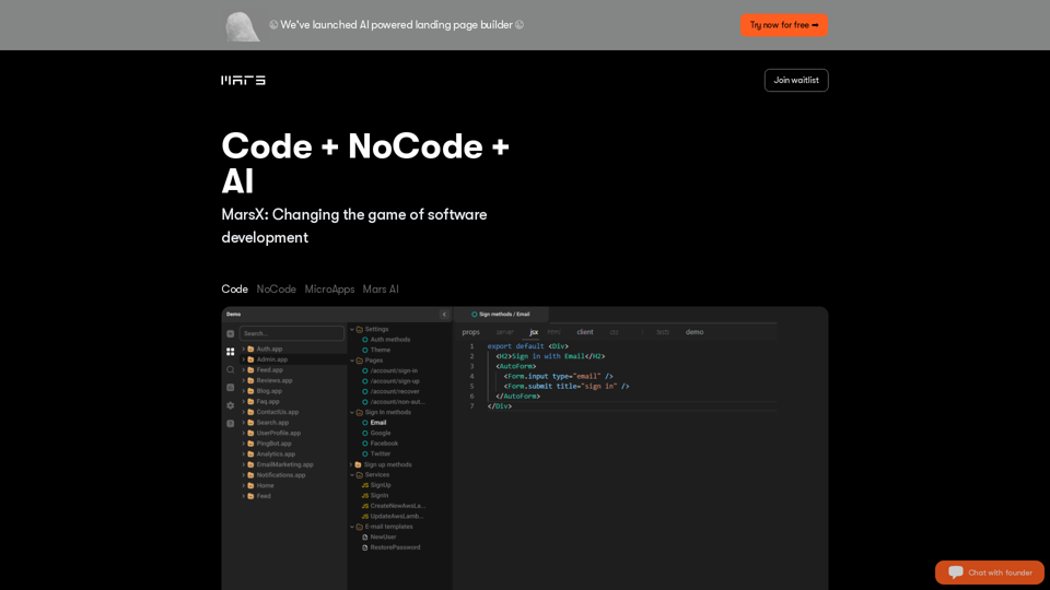 MarsX is a dev tool that unites AI, NoCode, Code and MicroApps