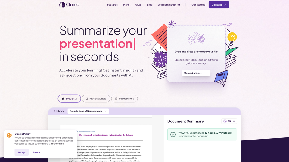 Quino AI | AI-Driven Document Summary & Chat for Students