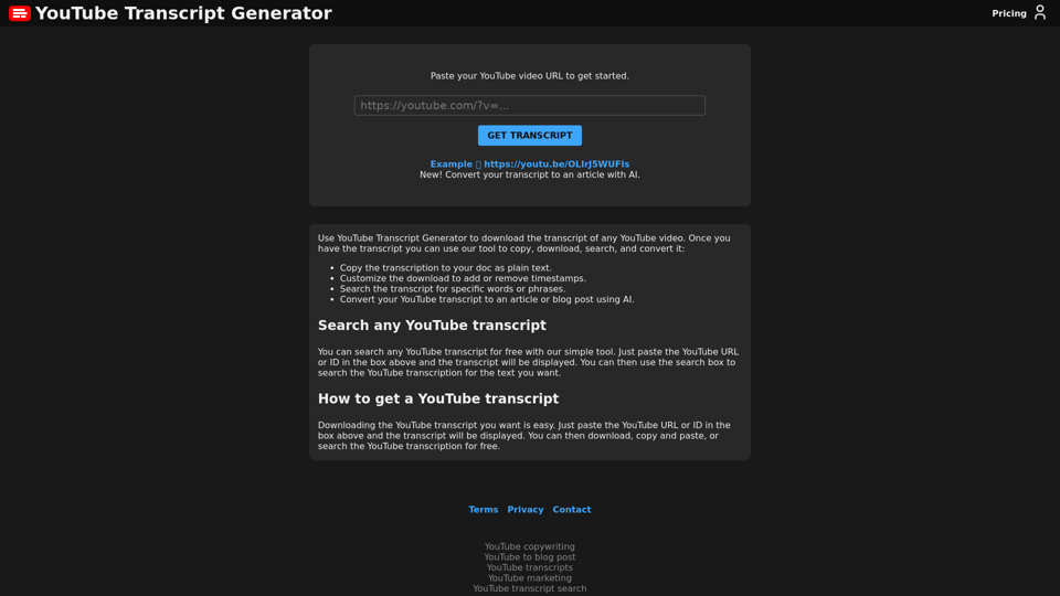 YouTube Transcript Generator screenshot