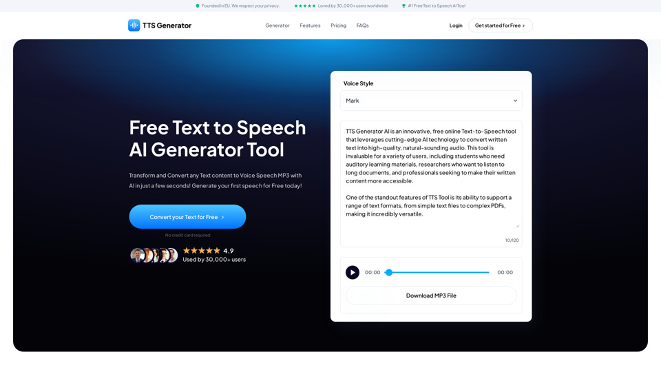 Free Text to Speech AI Generator Tool - TTS-Generator.com