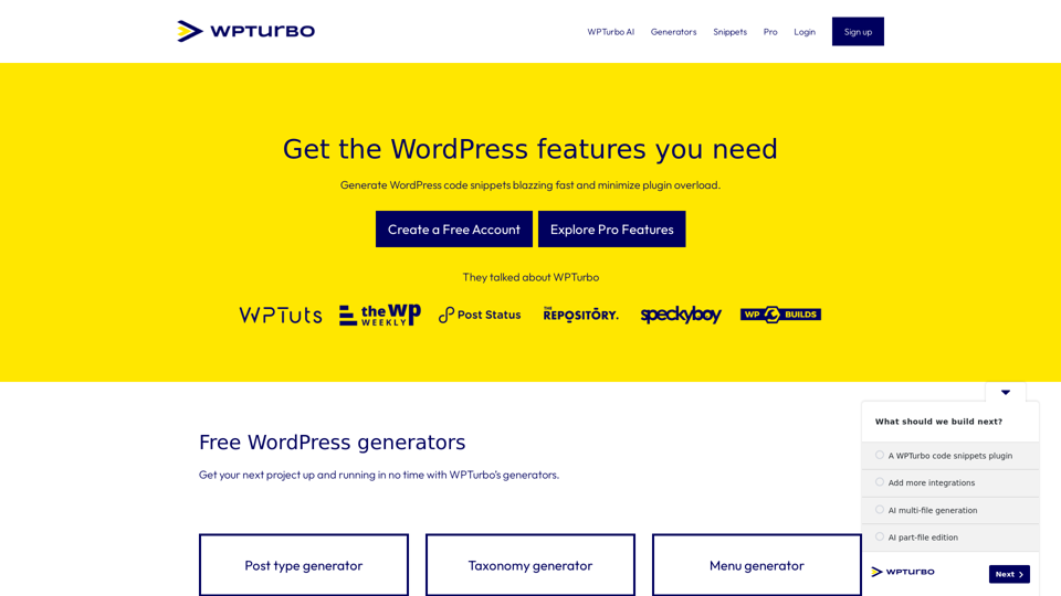 WPTurbo - Generate WordPress code snippets blazing fast.