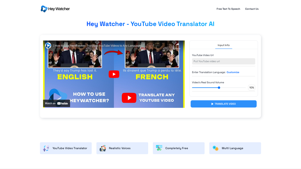 Hey Watcher - Free YouTube video translator AI | Convert YouTube videos to your language