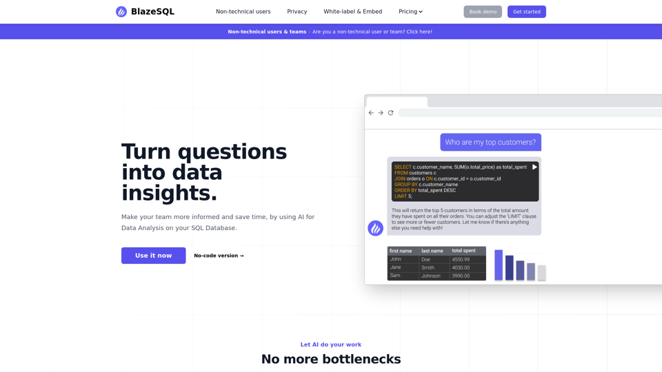Blaze SQL AI: your AI Data Analytics chatbot, and AI SQL generator