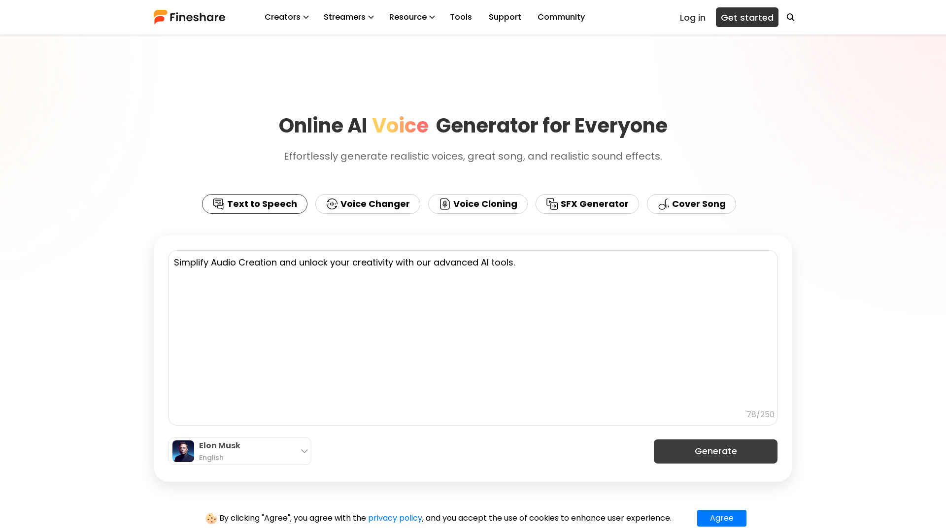 Fineshare: AI Audio Creator for Voice, Music and Sound Generation