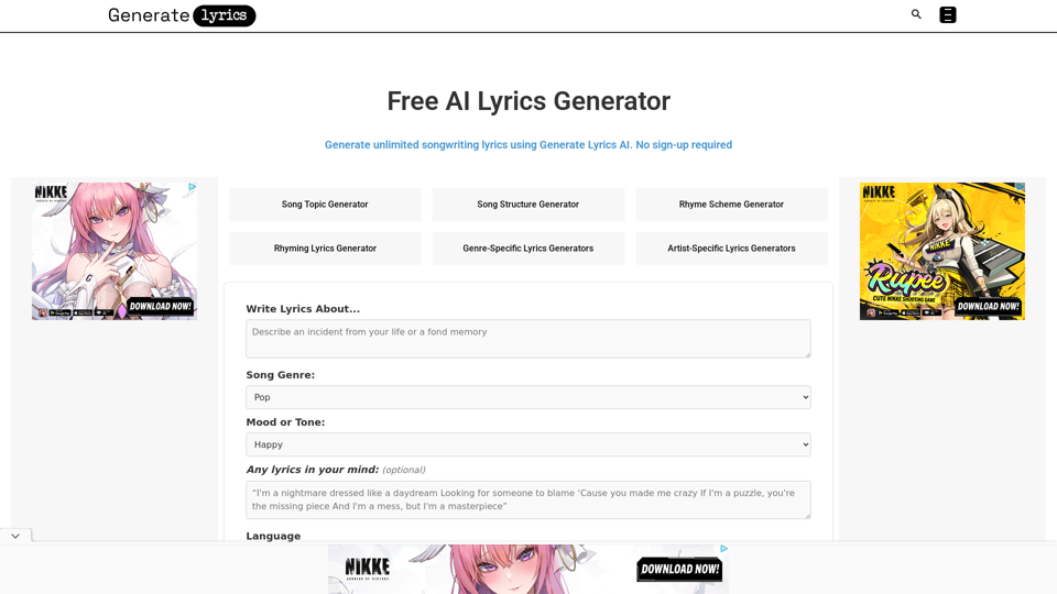 Free AI Lyrics Generator [Unlimited, No Sign screenshot