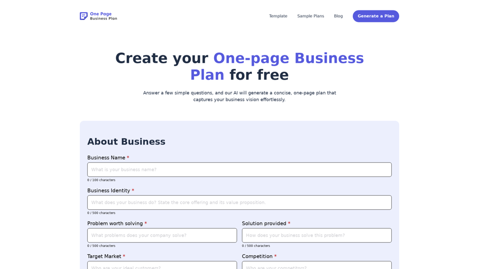 AI One Page Business Plan Generator | Ready in 10 Minutes