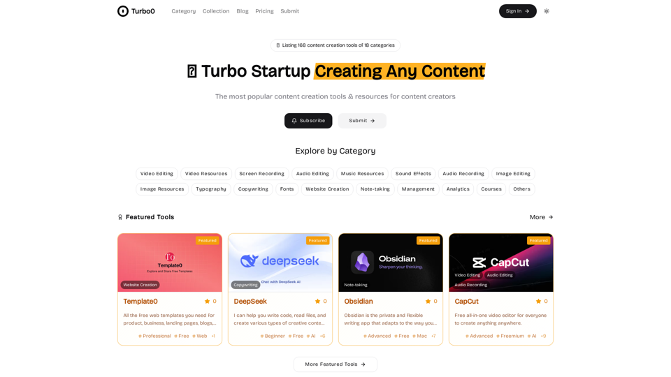 Turbo0 - Popular Content Creation Tools Directory