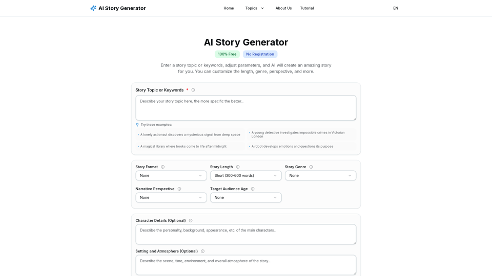 Free AI Story Generator | No Sign Up Required | Create Stories Instantly Free AI Story Generator | No Sign Up Required | Create Stories Instantly