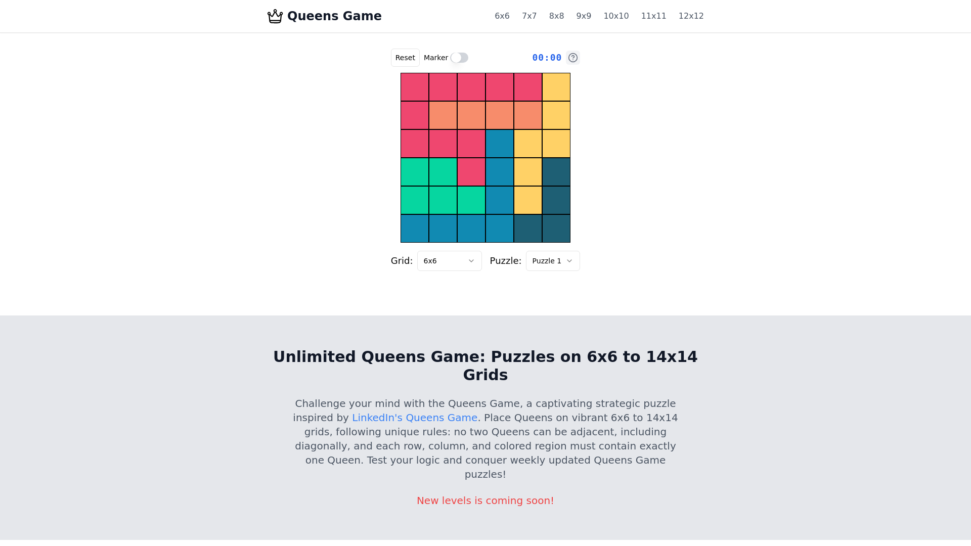 Unlimited Queens Game: Puzzles on 6x6 to 14x14 Grids