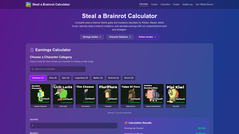 Steal a Brainrot Rebirth Guide & Mutations Calculator screenshot