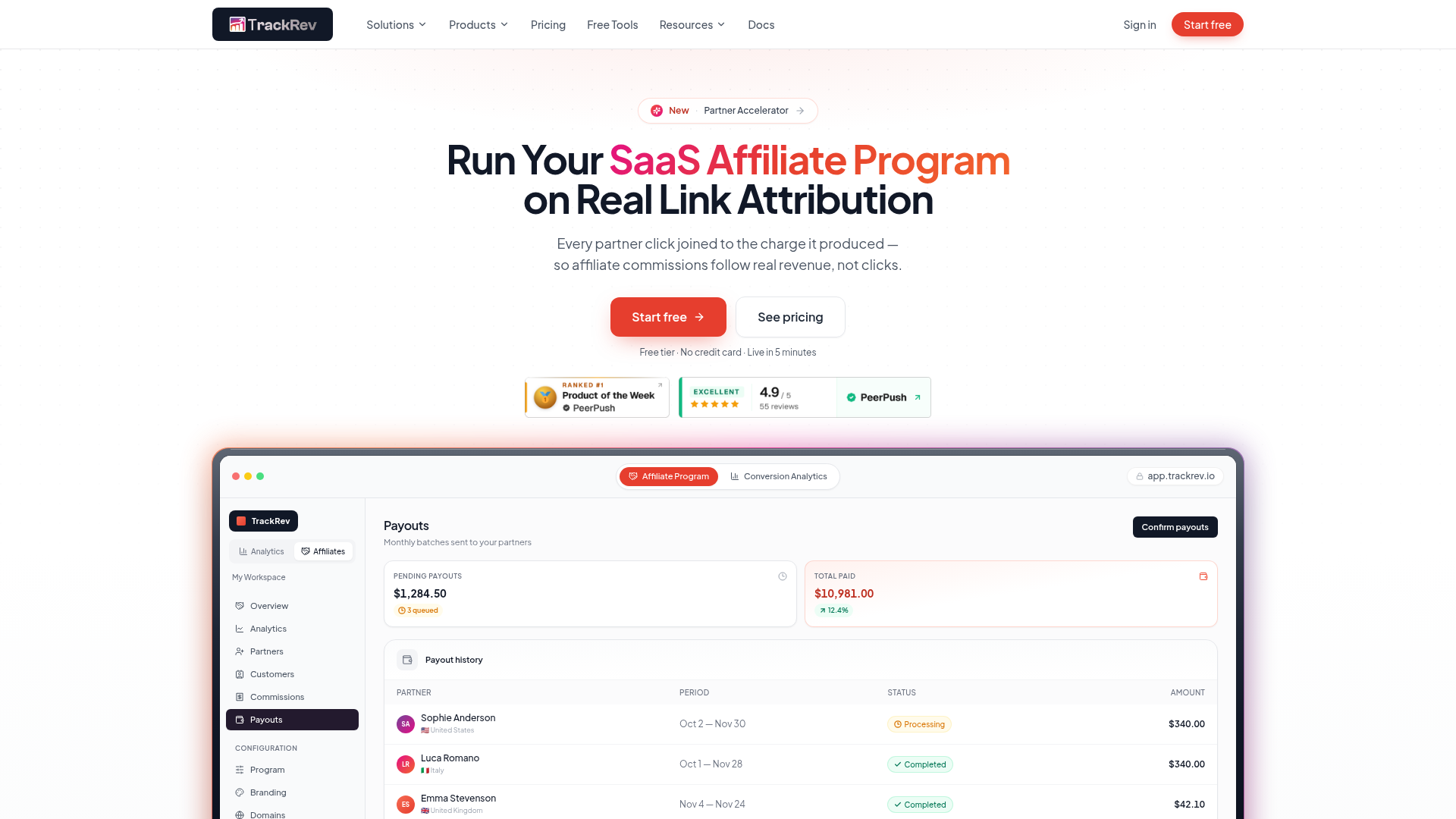 Run Your SaaS Affiliate Program on Real Link Attribution · TrackRev screenshot